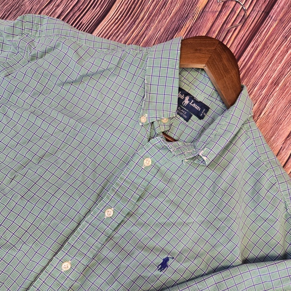 Polo Ralph Lauren Button Down Mens L Green Purple Check Blake Short Sleeve Shirt